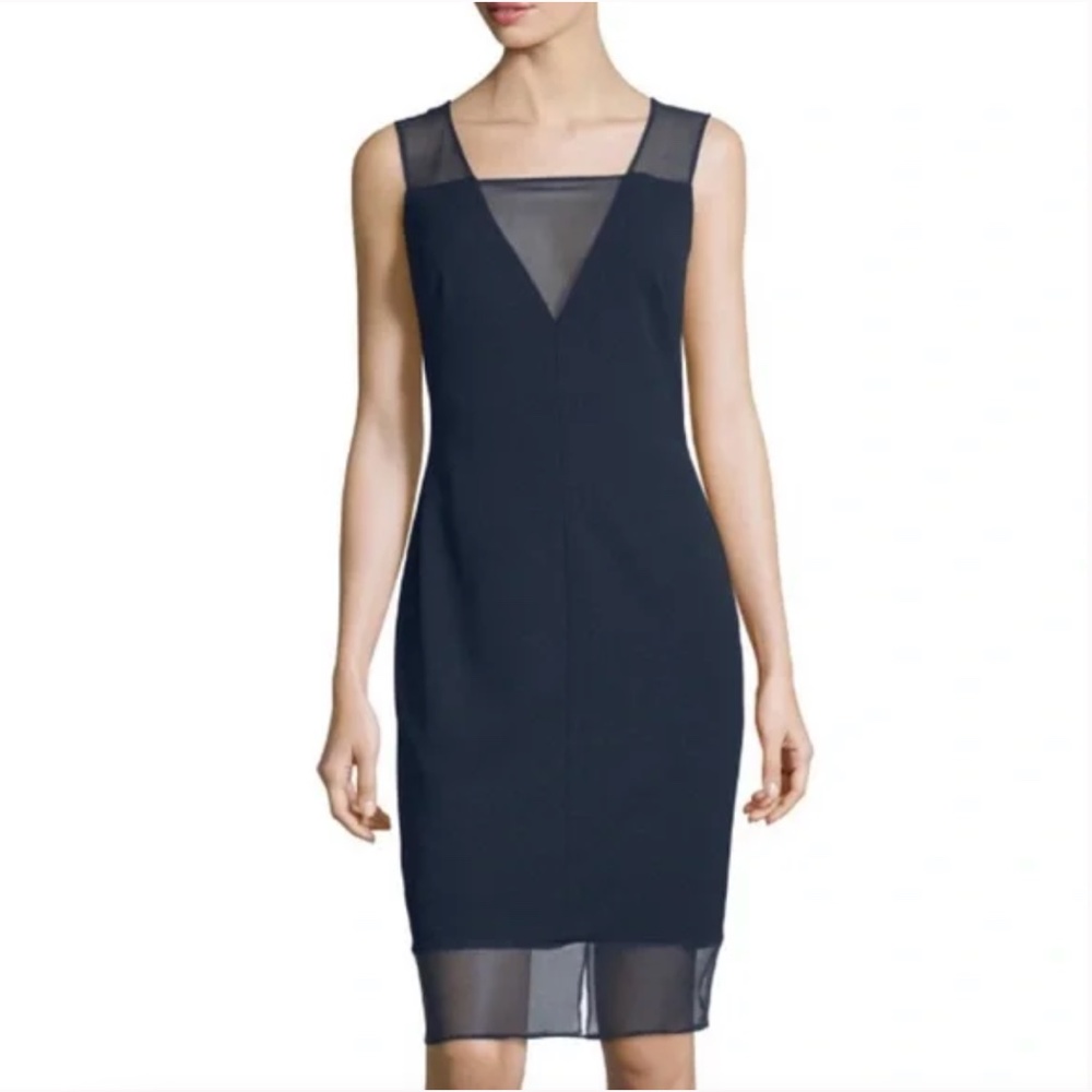 Aidan Mattox Dress Crepe Illusion V Neck Sleeveless Midi Sheath Dark Blue 8